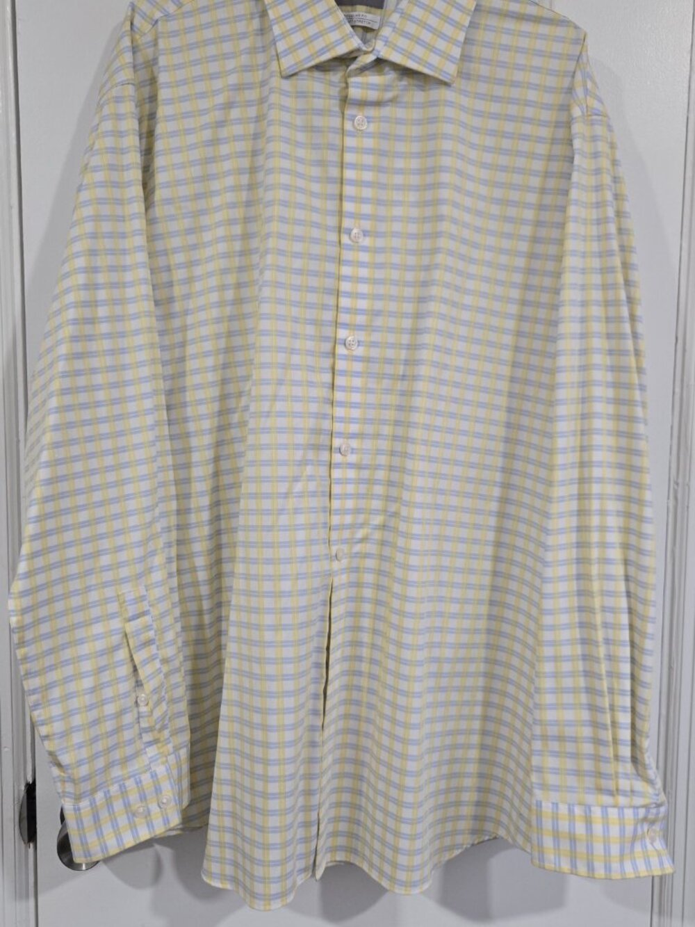 Michael Kors Men’s 2XL Airsoft Stretch Plaid Dress Shirt Yellow Blue 18.5 34/35
